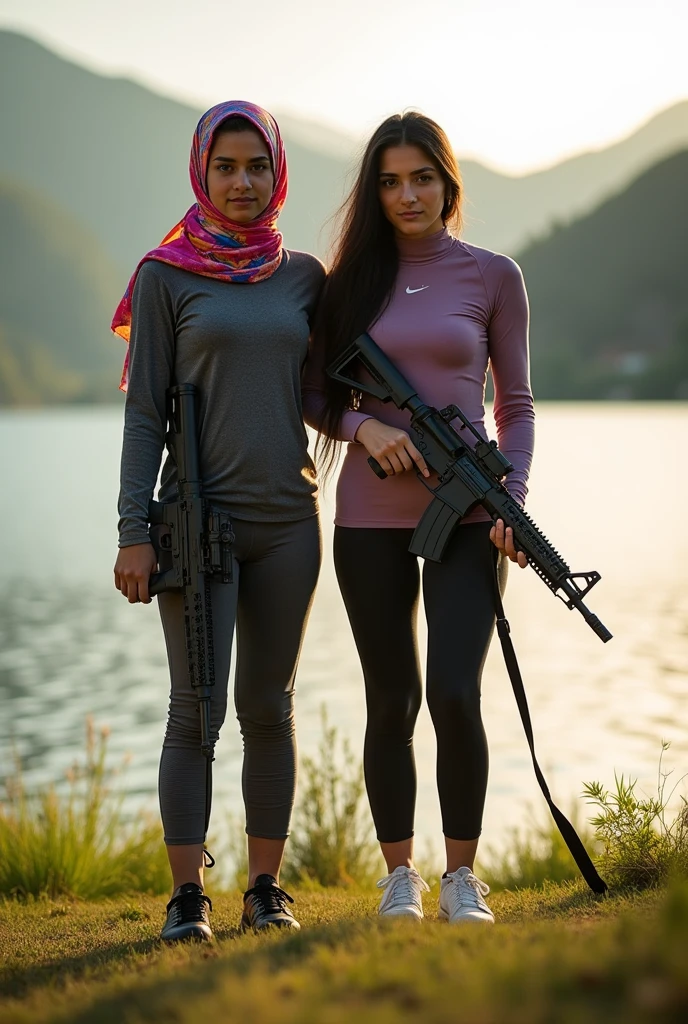 There are two girls. One is wearing a headscarf, 23, There are 1.67 in height. The other girl is 25 years old, has long black hair and is 1.They should be 80 cm tall, strong and agile, have full-length photos of two cousin girls side by side, be sporty but not revealing, have long clothes, have long hair, have an M24 gun in the girl&#39;s hand, have photos taken in BALIKLI LAKE, URFA