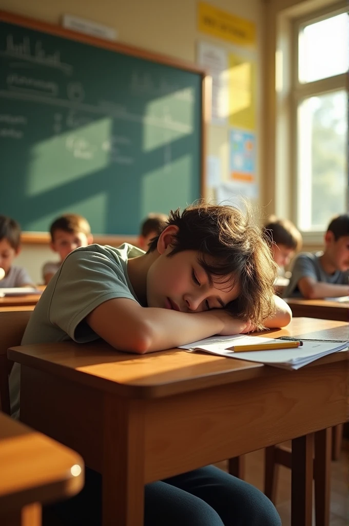 Renan is sleeping at school.