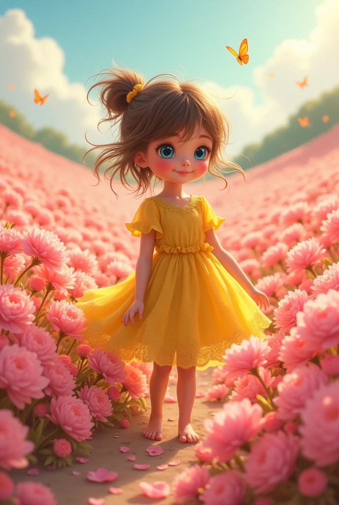 A world full of pink flowers and a cute girl standing