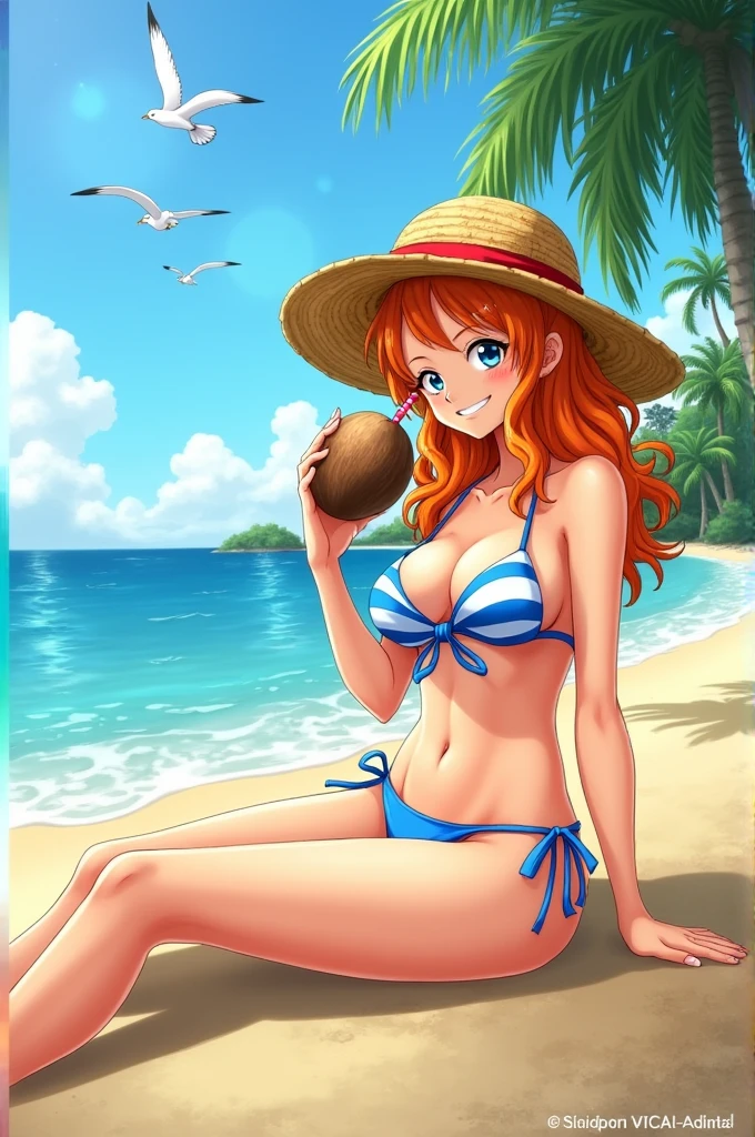 Nami from One Piece in a red bikini. grabbing some tangerines and winking