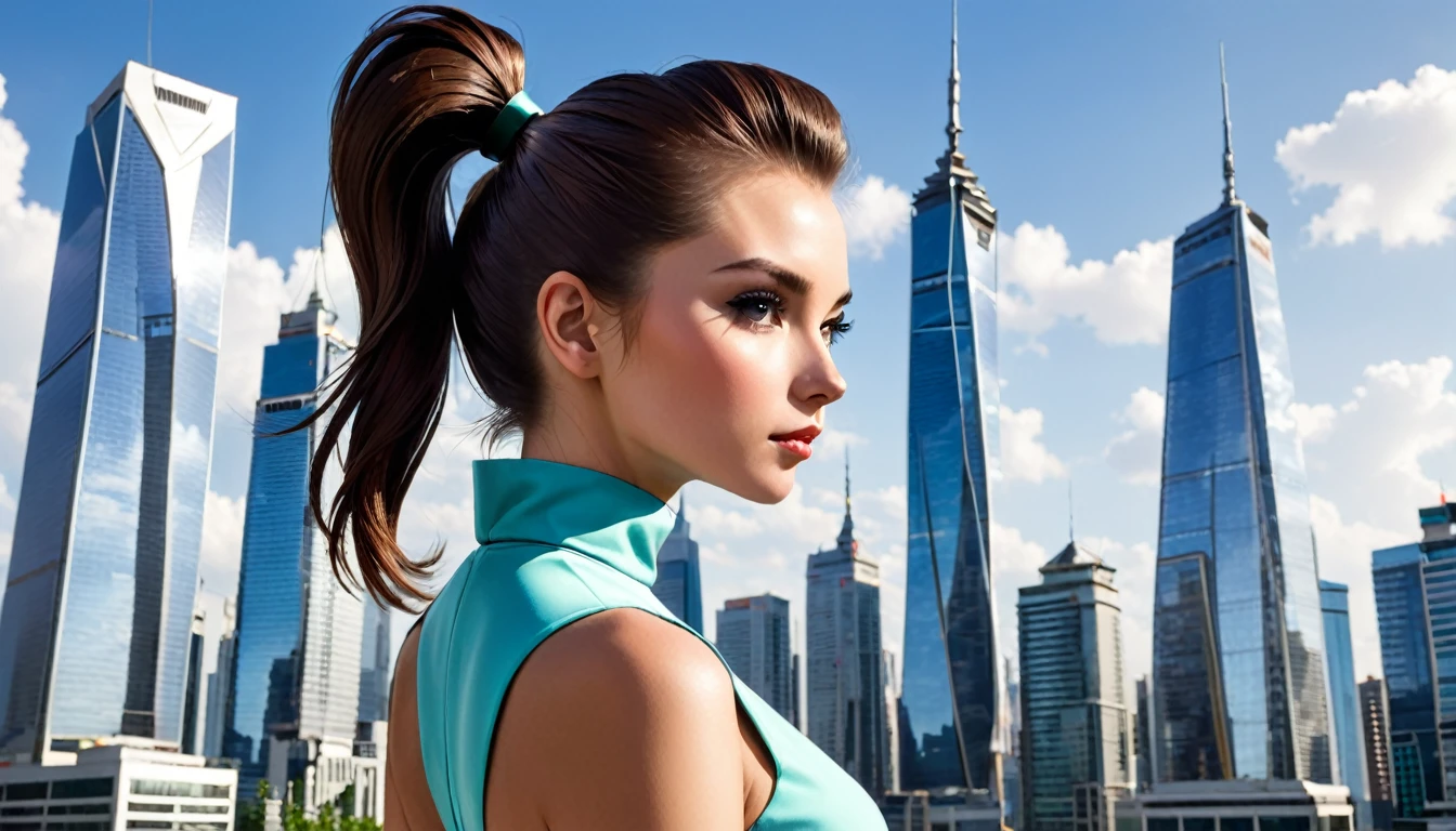 Rhombus neckline . Ponytail girl. City of skyscrapers 