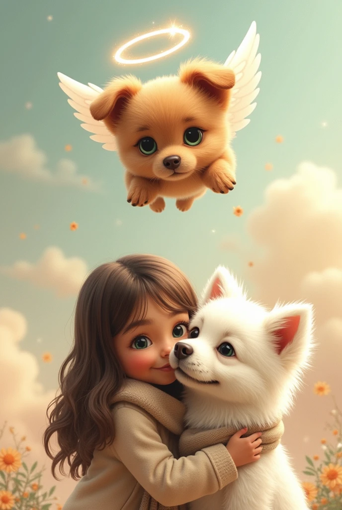 Make an image where a medium brown-skinned girl with long hair is hugging her white dog of a breed that has fluffy fur and its ears down so abundant of that fluffy fur with a scarf
Above them the little dog death of this girl will perch, A little dog with brown tones and green eyes with angel wings and halo