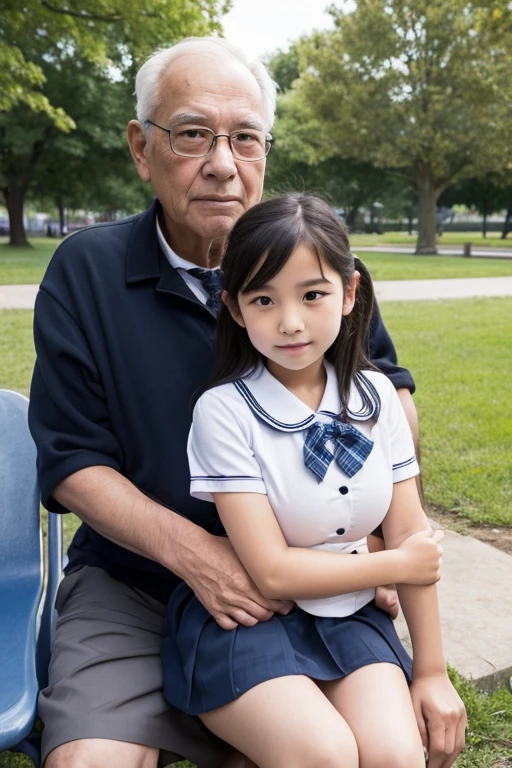 1 girl, 10-yeaoldt in , old man, 2 people, big breasts, the park