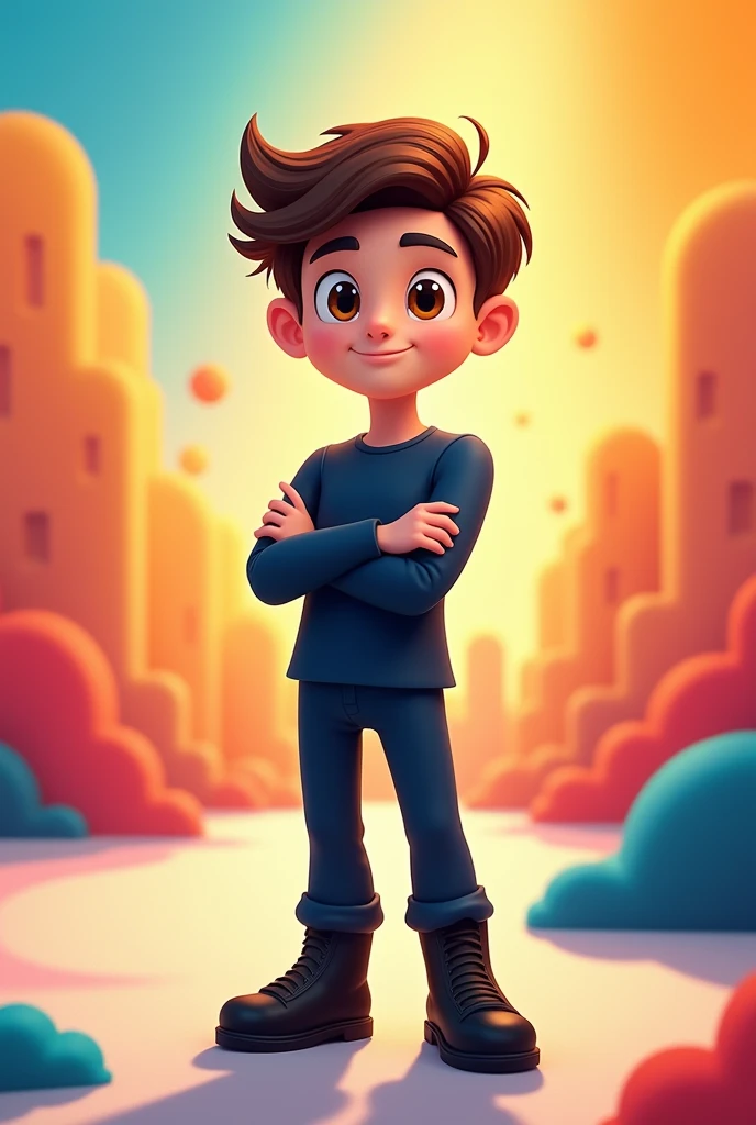 Create a male mascot, brunette, thin, with brown eyes, average height, wearing a dark blue uniform, no logo, no details, with black boots.