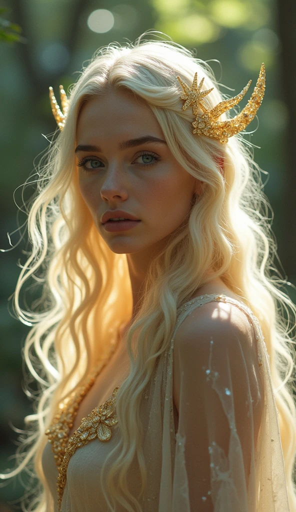 The image depicts a fantasy-like character with an ethereal appearance. The character is a young woman with pale skin, large blue eyes, and delicate facial features. She has long, wavy blonde hair adorned with glowing lights and fine golden accessories. Her ears are pointed, suggesting she may be an elf or a similar mystical being. She is dressed in a light, flowing outfit made of what appears to be sheer, shimmery fabric, adding to the otherworldly feel. The background is blurred but suggests a forest or natural setting, enhancing the magical atmosphere.