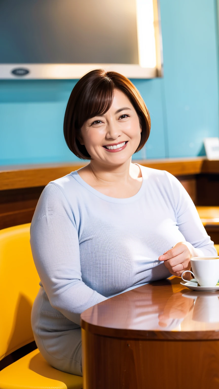 8k wallpaper, masterpiece, Highest quality, Very detailed, One Mature Woman, 50 years old, Become very clear, Wearing a short-sleeved knit, Skin dents, Captivating smile, Looking at the audience, No lapel microphone, Plump, Curvaceous, Attractive face, Smiling with teeth showing, I was happy, sitting in a cafe, Background Blur