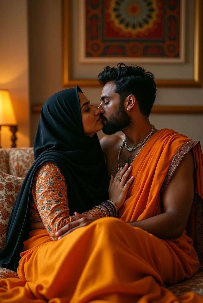 muslim women wearing saffron saree black hijab with , with muscular Hindu pandit on bed doing kiss on chest