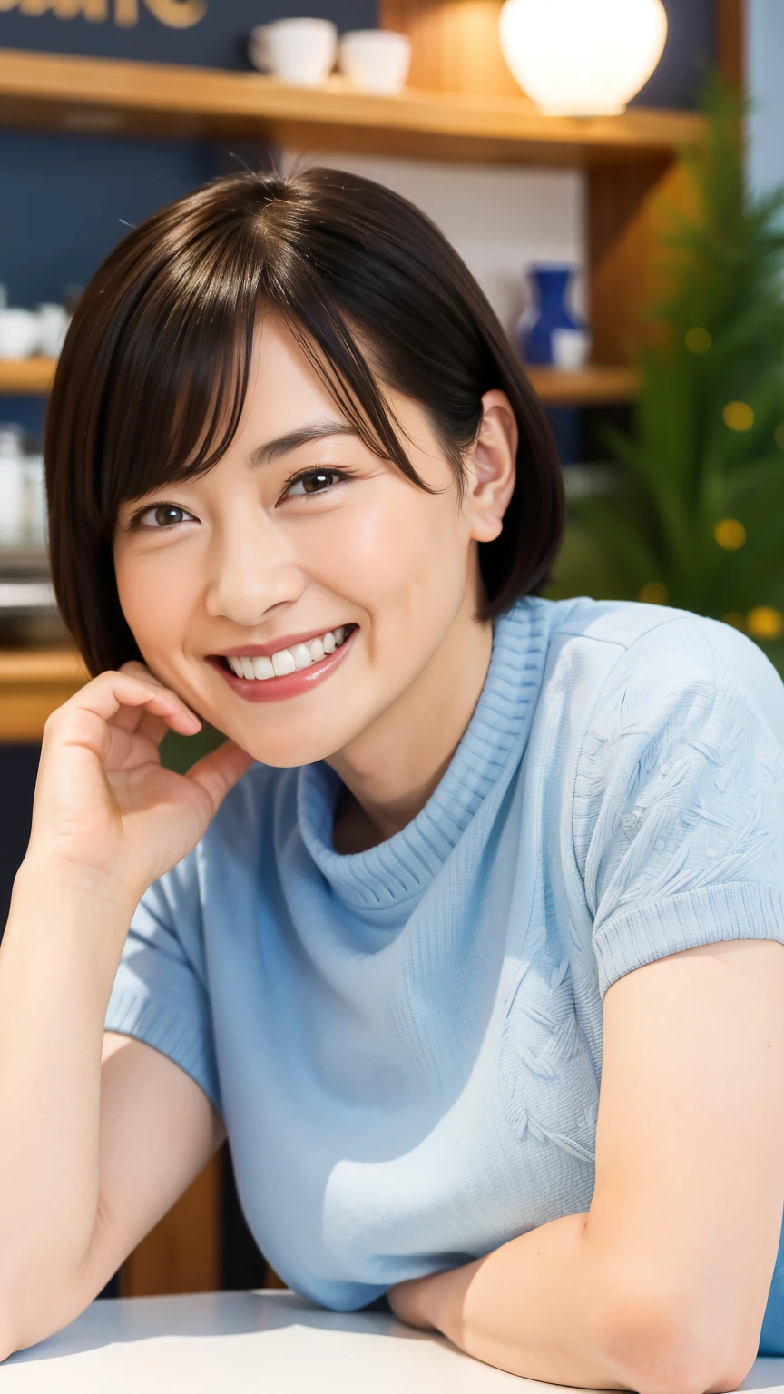 8k wallpaper, masterpiece, Highest quality, Very detailed, One Mature Woman, 50 years old, Become very clear, Wearing a short-sleeved knit, Skin dents, Captivating smile, Looking at the audience, No lapel microphone, Plump, Curvaceous, Attractive face, Smiling with teeth showing, I was happy, sitting in a cafe, Background Blur