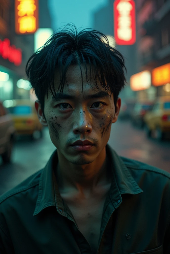 Asian zombie man with short hair,focused on face
