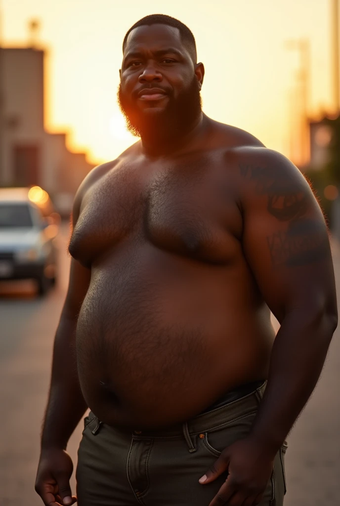 A fat black man in his forties with thick hair on his body and short hair on his head, not wearing clothes. The picture is well-lit and clear.A fat black man in his forties with thick hair on his body and short hair on his head, not wearing clothes. The picture is well-lit and clear.