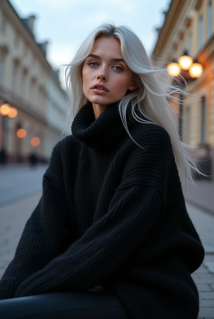 Beautiful girl with white skin, light gray hair, with bright shining eyes, Shiny skin, pearl skin, in a black bulky knitted sweater and black pants, professional photo, 4K, a high resolution, high detail, realistic, looks straight, Sits up straight, Against the backdrop of St. Petersburg