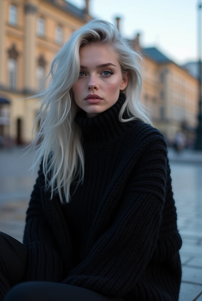 Beautiful girl with white skin, light gray hair, with bright shining eyes, Shiny skin, pearl skin, in a black bulky knitted sweater and black pants, professional photo, 4K, a high resolution, high detail, realistic, looks straight, Sits up straight, Against the backdrop of St. Petersburg