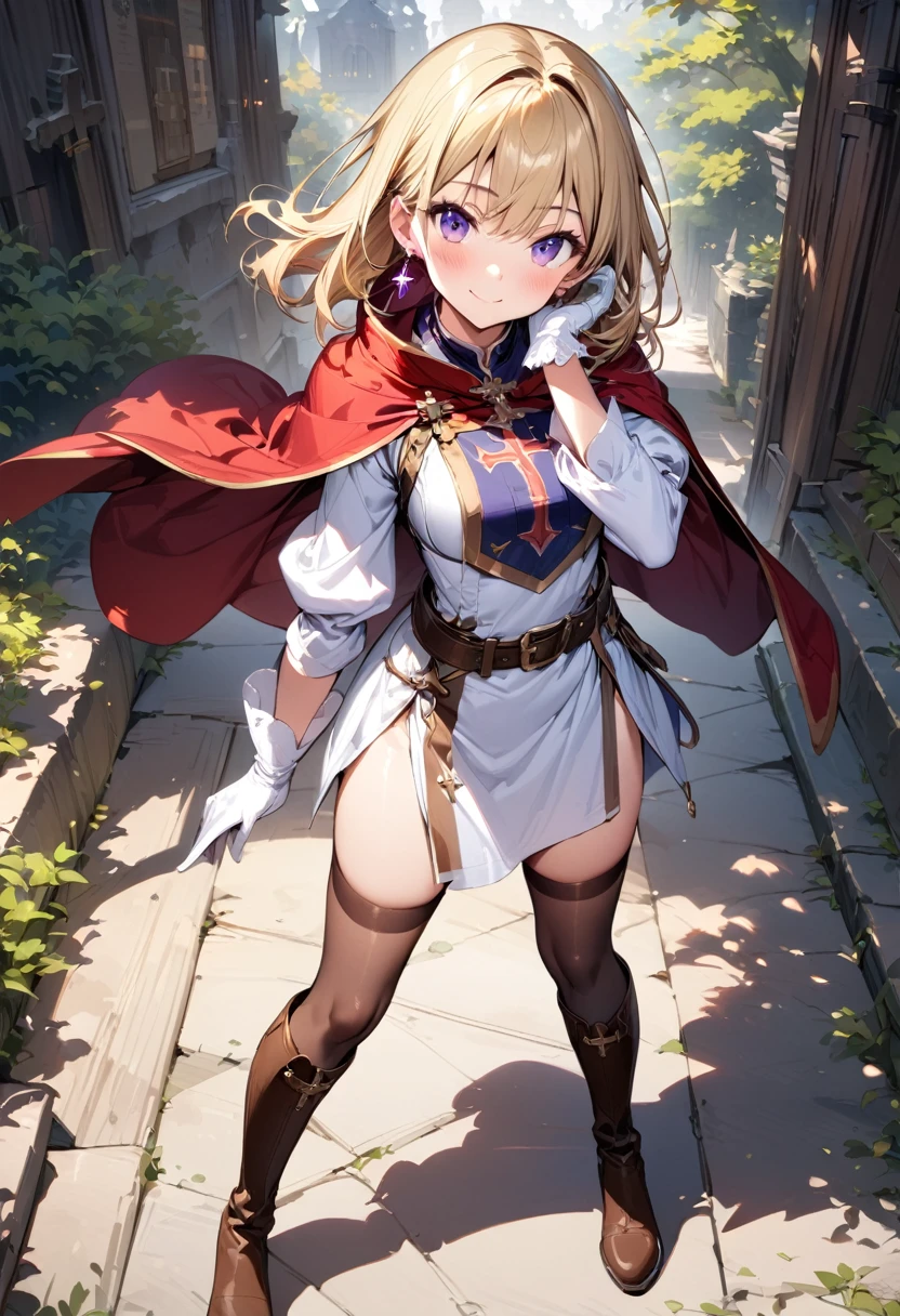 (masterpiece),(best quality),(ultra-detailed),(best illustration),(best shadow),(absurdres),(detailed background),(very aesthetic), 1girl, solo, smile, boots, blonde-hair, purple-eyes, gloves, looking-at-viewer, thighhighs, full-body, cape, white-gloves, dress, red-cape, closed-mouth, white-dress, side-slit, book, long-sleeves, simple-background, standing, brown-thighhighs, brown-footwear, outline, belt, knee-boots, cross, jewelry, juliet-sleeves, tabard, medium-hair, earrings, blush, hand-in-own-hair, puffy-sleeves
