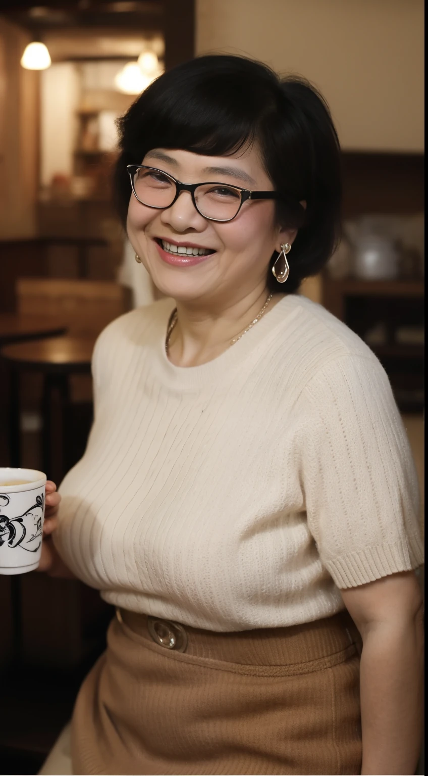 Osaka's aunt、Organic Photography、Highest quality、masterpiece、Ultra-high resolution、Beautiful Japanese old lady、60 years old、Looking at the audience、Elegant face、Smiling with teeth showing、Big Breasts、Wearing a plain short-sleeved knit、Short Hair、mini skirt、Earrings、A corner of a coffee shop, Background Blur