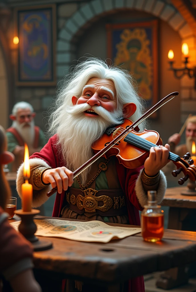 Small dwarf, white hair, bard, using a violin, Tabletop RPG style