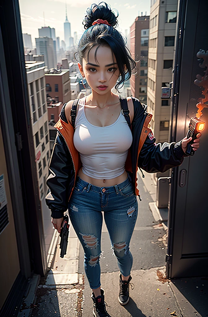 front camera. A girl stands in front in a militant and confident pose with a pistol in her hands. the gun shoots light. the girl is slender, toned figure, hair tied up in one ponytail, bright blue eyes and blue hair. clothes in red, blue, white and black colors. The girl is wearing tight jeans and a short jacket, with a top underneath. against the backdrop of New York during the apocalypse. black sludge destroys people behind. orange theme. next to the girl there are red, white, black, blue lights in the air., city, full body, pov, from above , dynamic pose, horror