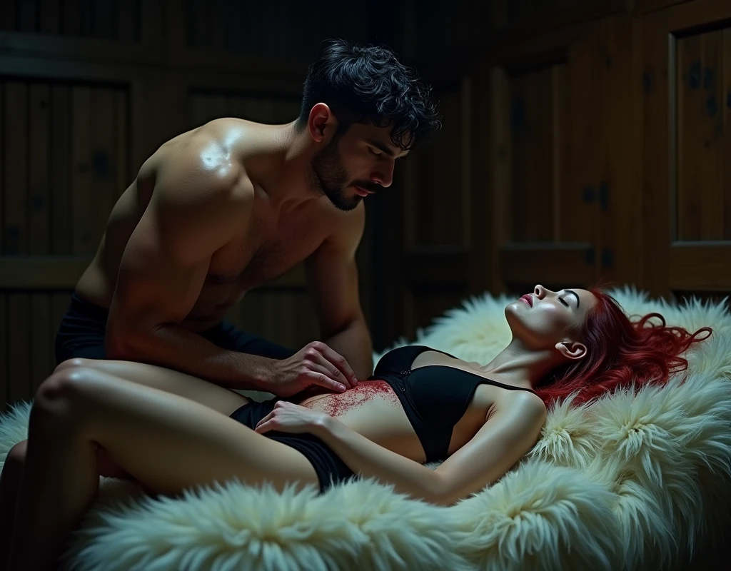 Small pale-skinned woman, black bra and black shorts, open bleeding wound rib cage, vibrant maroon hair, lying supine, large fur-covered bed, 209 cm tall, 29-year-old fit attractive man with black short layered swept-back wavy crew cut hair, short black facial hair, shirtless, Mediterranean-Native American features, black cargo pants, intense expression, fingers inside her bleeding wound, dimly lit underground basement, dark wood paneling, photorealistic, cinematic.