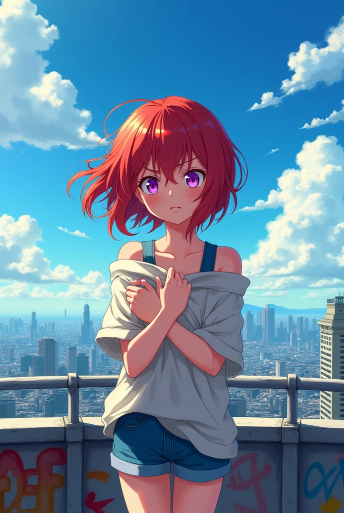Make a redheaded girl with short hair and purple eyes wearing a bra. Embarrassed and angry on the school rooftop.
anime styling.