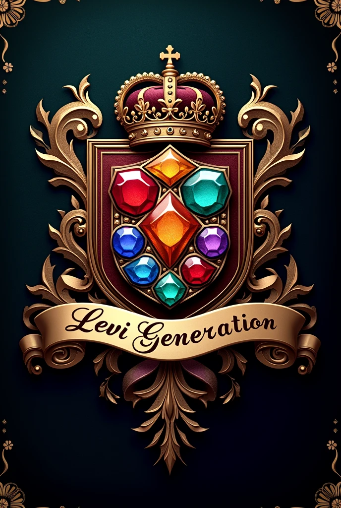 Create a logo with 12 colorful gemstones. Needs to have the description "Levi Generation". coat of arms style.