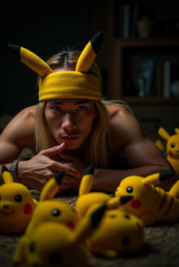 using phone, hands forward slightly covering the face of a mysterious long blonde hair handsome asian sexy men topless asian blonde men with yellow Pokémon yellow headband , samurai look, silhouette lying in the very very dark bedroom many pikachu toys at the back