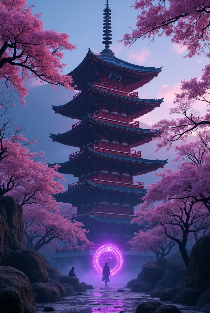 Create a huge Japanese temple in the Heian era style, that emanates a cursed purple energy