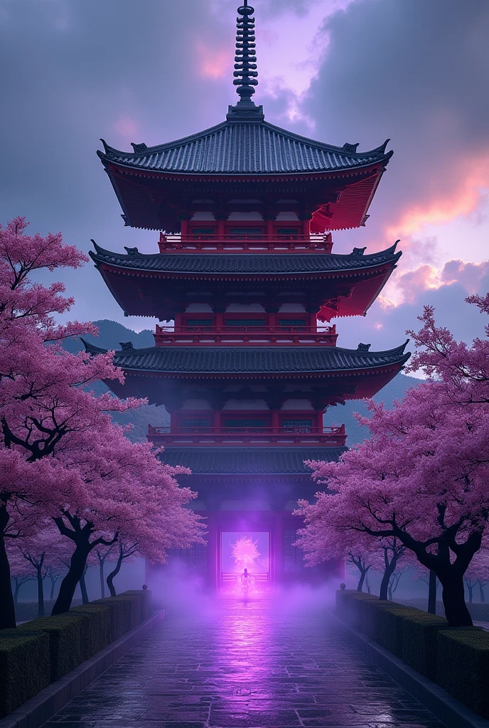 Create a huge Japanese temple in the Heian era style, that emanates a cursed purple energy