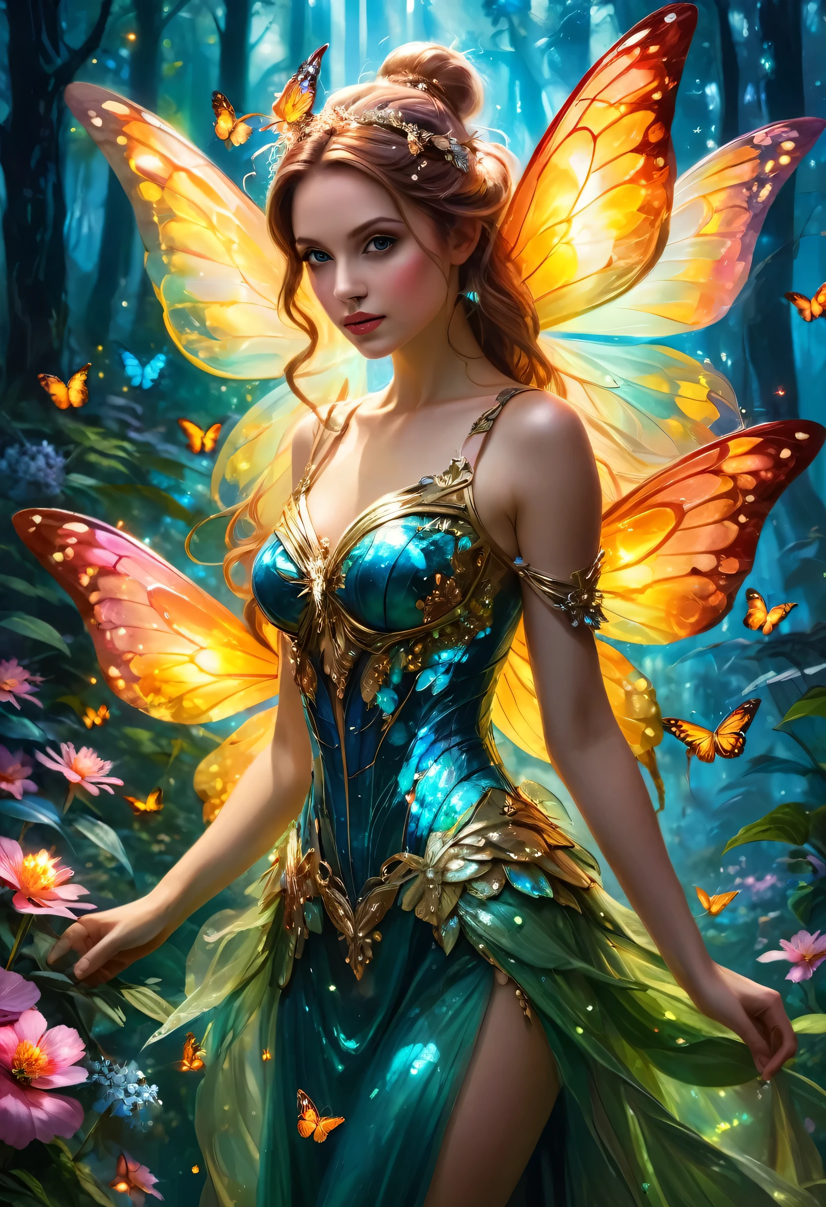 A beautiful fairy, holographic and iridescent wings, in a fantasy garden, (best quality, 4k, 8k, high resolution, masterpiece: 1.2), ultra-detailed, (realistic, photorealistic, photorealistic: 1.37), HDR , UHD, studio lighting, ultra-thin painting, sharp focus, physically based rendering, extreme detail representation, professional, vivid colors, bokeh, fantasy, magical, dreamy, surreal, brilliant, ethereal, cinematic, epic, dramatic, portrait, fantasy art, conceptual art, digital painting, oil painting, lush foliage, blooming flowers, butterfly, glowing fireflies, moonlit night, warm lighting