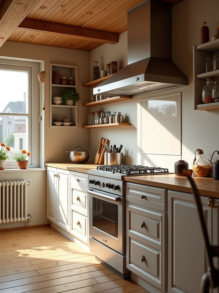 kitchen, area 2.20 *3.20 m , hight 3 m , daylight, wooden , Gas stove with a large extractor hood