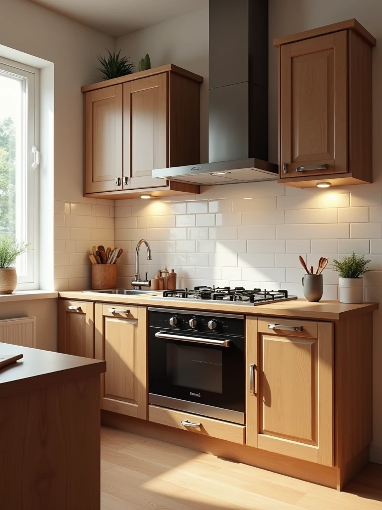 kitchen, area 2.20 *3.20 m , hight 3 m , daylight, wooden , Gas stove with a large extractor hood