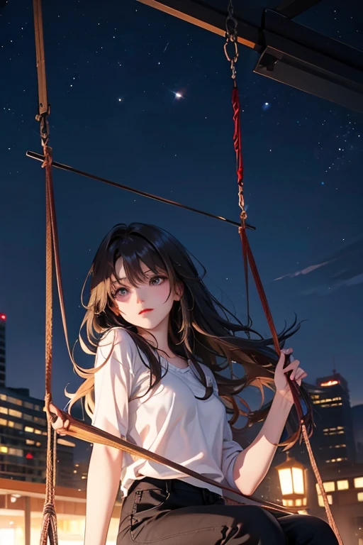 A gray-eyed brunette with long hair in the evening on a swing, Against the backdrop of the night sky