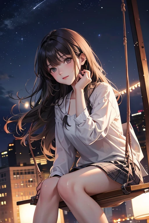 A gray-eyed brunette with long hair in the evening on a swing, Against the backdrop of the night sky