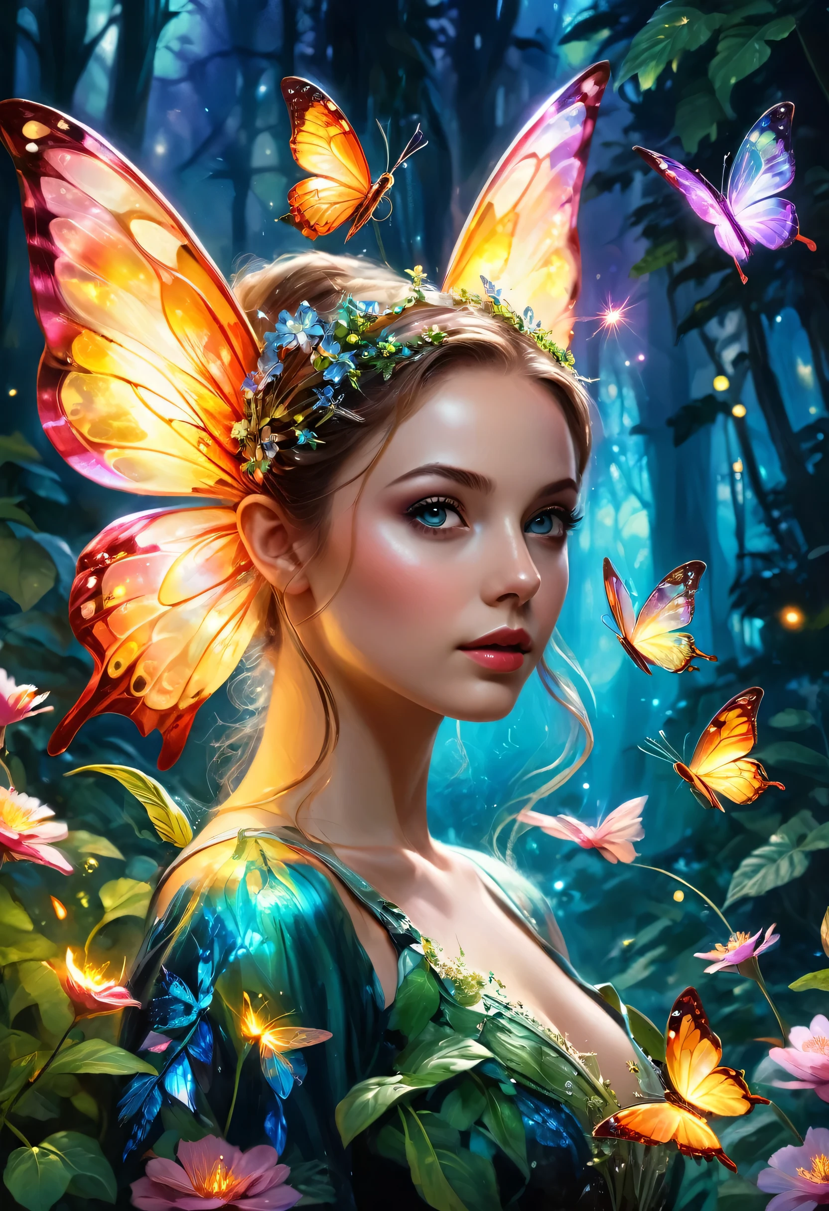 A beautiful fairy, holographic and iridescent wings, in a fantasy garden, (best quality, 4k, 8k, high resolution, masterpiece: 1.2), ultra-detailed, (realistic, photorealistic, photorealistic: 1.37), HDR , UHD, studio lighting, ultra-thin painting, sharp focus, physically based rendering, extreme detail representation, professional, vivid colors, bokeh, fantasy, magical, dreamy, surreal, brilliant, ethereal, cinematic, epic, dramatic, portrait, fantasy art, conceptual art, digital painting, oil painting, lush foliage, blooming flowers, butterfly, glowing fireflies, moonlit night, warm lighting