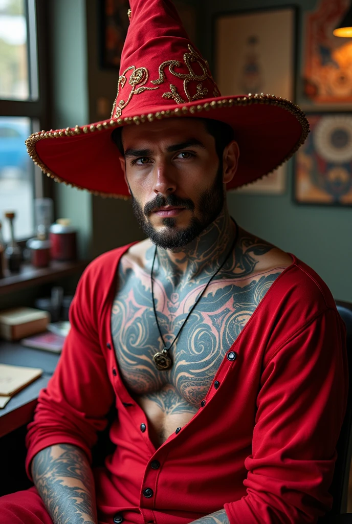 Create an anime male character for a tattoo studio. His name is Bruxo, he wears red clothing and has tattoos. The image should only be from the chest up. , he has a red wizard hat