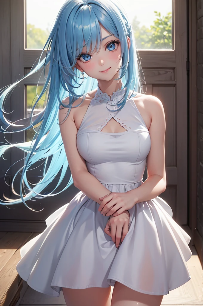 Best Quality,High resolution,8k,finelity detailed background,Masterpiece:1.2),beautiful girl,Shiny light blue hair,messy hair,Light blue eyes,Gentle look,A refreshing look,smile,Best quality,Best Quality,Aesthetic and aesthetic:1.2,Best details((Super detailed))(High-definition CG illustrations),short dress,Slender body,Inside the room,smile,blush,cute,Scrounge,Looking up,Being spoiled,super model