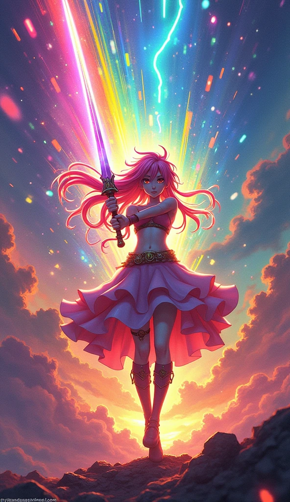 Sai-Shi-Hillis wielding a rainbow sword.highly colorful light effects captured in the Cvrilroland din figurine Tanaka Tatsuvuki..amidst the colorful explosion din.Rainbow Core.Animated energy, whole body, Faulty, everyone., in a colorful explosion style,Light leakage, Psychedelic Illustration,God's Rays,Rainbow Core, mixing realistic and fantastical elements.Fairy Academia --s 750-niii 5