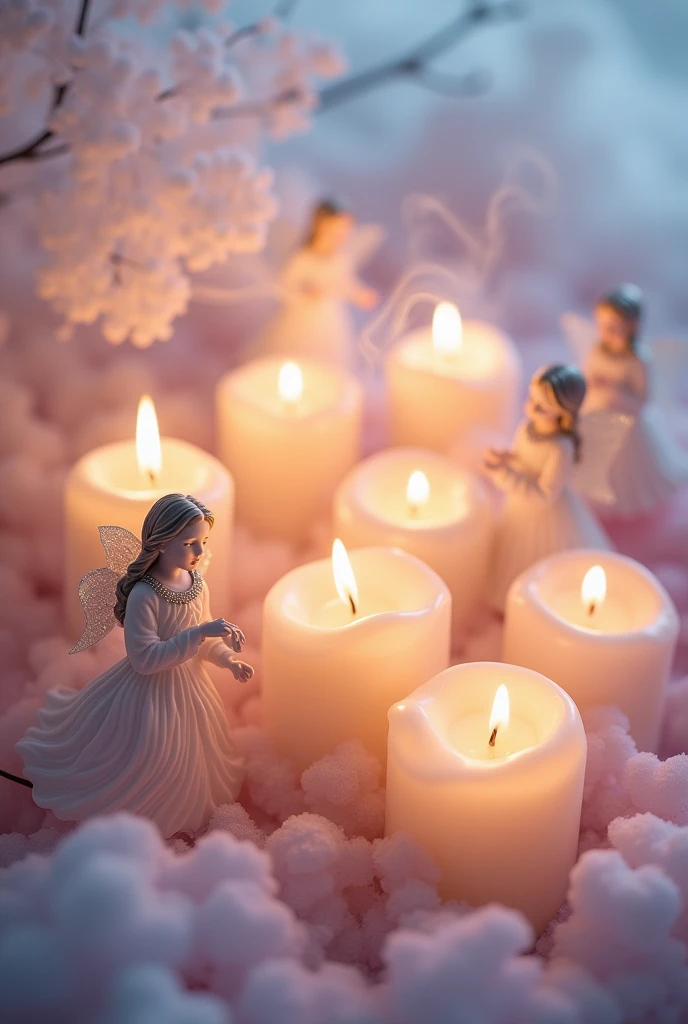 Generate an image of candles with an angelic and elegant theme.