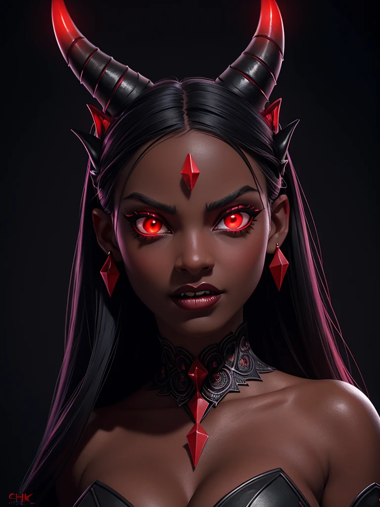 a she devil, beautiful detailed eyes, beautiful detailed lips, extremely detailed face, horns, demonic, sharp fangs, glowing red eyes, black hair, dark skin, dark red and black dress, dark background, sinister expression, dark fantasy, digital painting, realistic, 8k, high quality, intricate details, cinematic lighting, dramatic colors, chiaroscuro