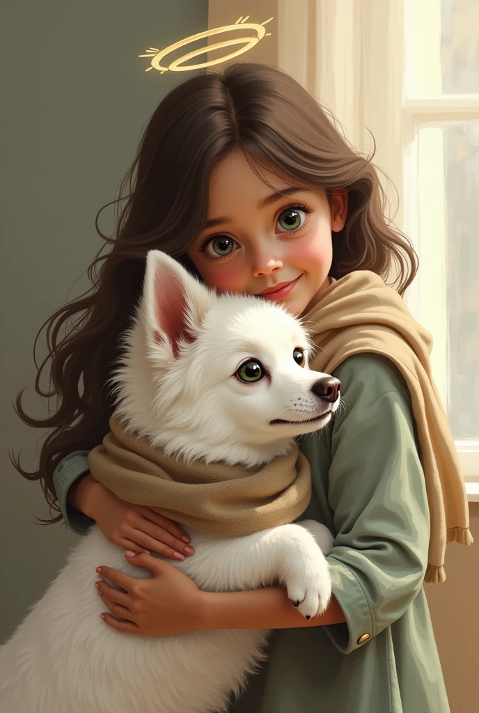 Make an image where a medium brown-skinned girl with long hair is hugging her white dog of a breed that has fluffy fur and its ears down so abundant of that fluffy fur with a scarf
Above them the little dog death of this girl will perch, a little dog with brown tones and green eyes with angel wings and halo
the dog's ears are upside down