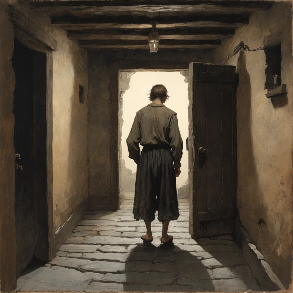 view from behind 15th century sweaty man Winslow Homer Style, oil painting, 15th-century loser with greasy, shoulder-length hair and a patchy,scrawny , scraggly beard. His eyes are sunken with dark circles, and his clothes are tattered, stained, and hang loosely on his bony frame. neglected, unkempt appearance. walking down a dark hall way with a door at the end of it candle night timeA narrow, dimly lit stone hallway with worn cobblestone floors. Faded tapestries line the cold stone walls, depicting ancient battles. Flickering candle sconces cast long, eerie shadows. The air is thick with the scent of old wood and damp stone. The ceiling is low with darkened wooden beams overhead. At the end, a weathered oak door with iron hinges creaks ominously, the handle smooth from years of use, set in a slightly crooked doorframe. The atmosphere is heavy and oppressive, filled with a sense of foreboding.