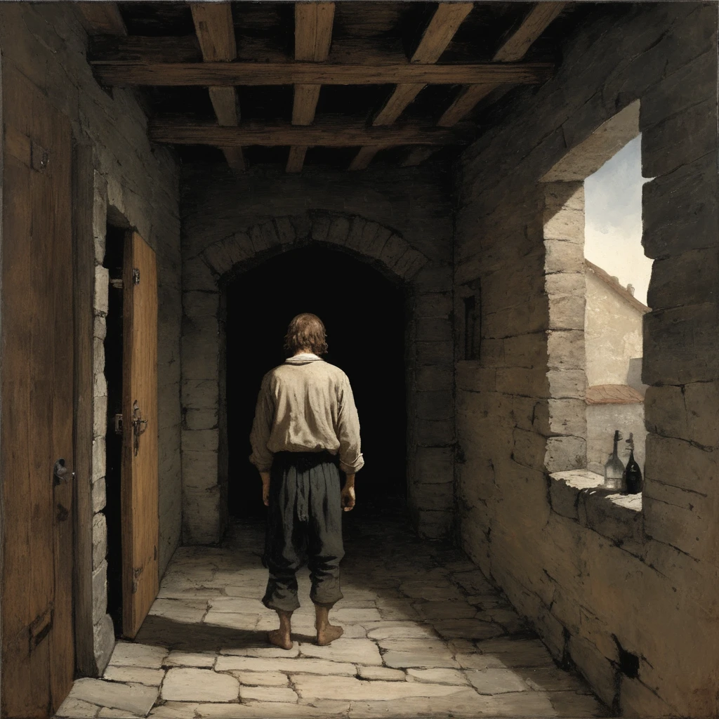 view from behind 15th century sweaty man Winslow Homer Style, oil painting, 15th-century loser with greasy, shoulder-length hair and a patchy,scrawny , scraggly beard. His eyes are sunken with dark circles, and his clothes are tattered, stained, and hang loosely on his bony frame. neglected, unkempt appearance. walking down a dark hall way with a door at the end of it candle night timeA narrow, dimly lit stone hallway with worn cobblestone floors. Faded tapestries line the cold stone walls, depicting ancient battles. Flickering candle sconces cast long, eerie shadows. The air is thick with the scent of old wood and damp stone. The ceiling is low with darkened wooden beams overhead. At the end, a weathered oak door with iron hinges creaks ominously, the handle smooth from years of use, set in a slightly crooked doorframe. The atmosphere is heavy and oppressive, filled with a sense of foreboding.