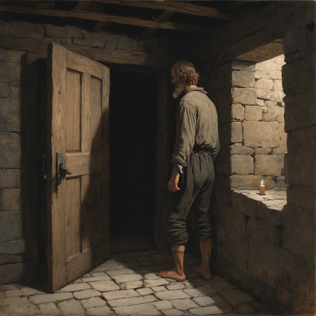 view from behind 15th century sweaty man Winslow Homer Style, oil painting, 15th-century loser with greasy, shoulder-length hair and a patchy,scrawny , scraggly beard. His eyes are sunken with dark circles, and his clothes are tattered, stained, and hang loosely on his bony frame. neglected, unkempt appearance. walking down a dark hall way with a door at the end of it candle night timeA narrow, dimly lit stone hallway with worn cobblestone floors. Faded tapestries line the cold stone walls, depicting ancient battles. Flickering candle sconces cast long, eerie shadows. The air is thick with the scent of old wood and damp stone. The ceiling is low with darkened wooden beams overhead. At the end, a weathered oak door with iron hinges creaks ominously, the handle smooth from years of use, set in a slightly crooked doorframe. The atmosphere is heavy and oppressive, filled with a sense of foreboding.