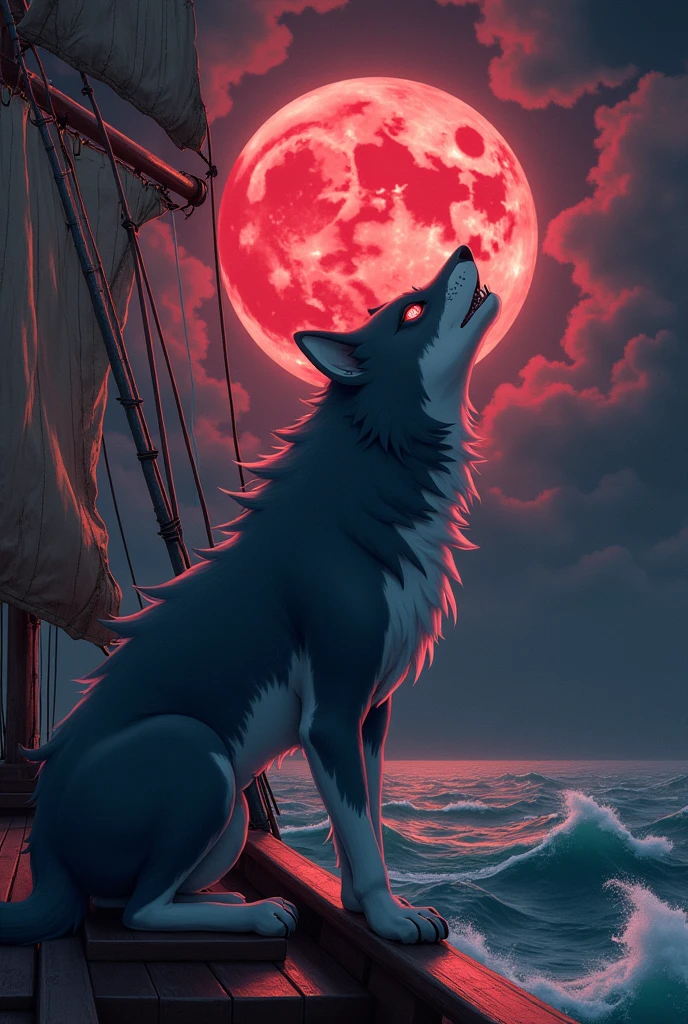 a hammershark fusionned with a wolf look at a red moon on a pirate ship in anime style