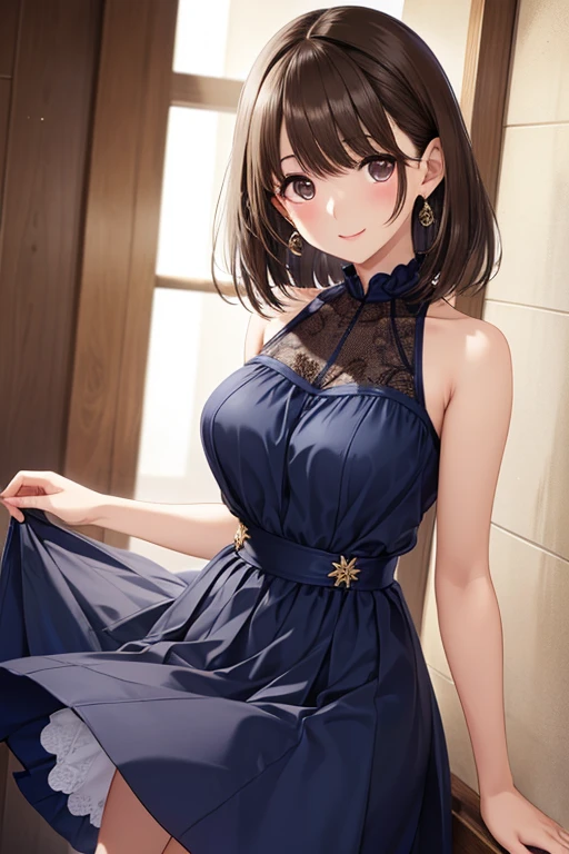 anegasaki nene、Shiny brown hair, short hair, (Beautiful brown eyes、Sparkling eyes, Fine grain)、smile、Ultra-detailed eyes、Highly detailed face, Highly detailed eyes,



A young woman standing in front of a background of a chasm.、She is wearing a gorgeous navy blue fitted dress.。The dress is decorated with lace and frills.、Exposed shoulder design.。Gorgeous gold earrings dangle from her ears......。