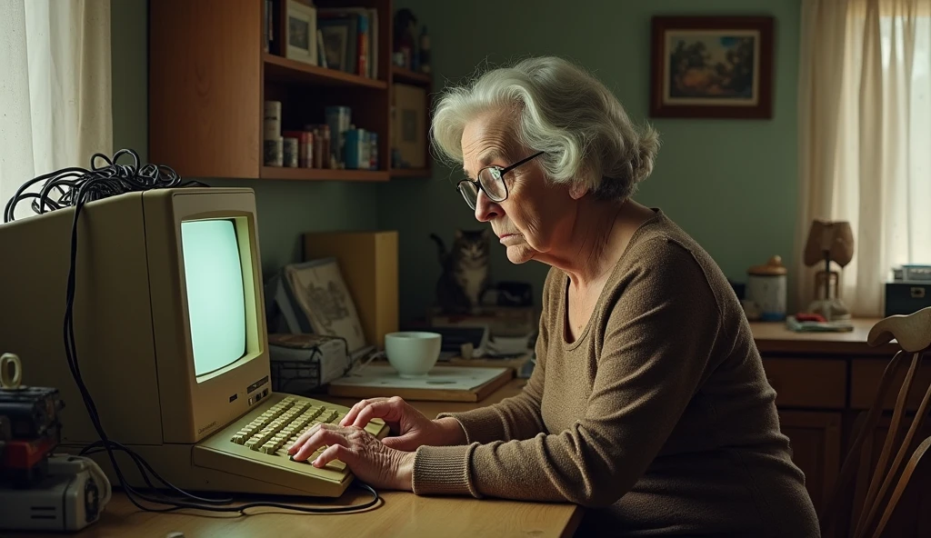 Background and setting: A room with ordinary furniture and a table, on which the old computer stands. There is a chair next to the computer, Where is the 60-year-old woman sitting with a stern expression?.
There is a computer master standing nearby.: Old model with big buttons, screen and wires. You can add a little comic expression, to emphasize, that he "doesn't listen".
scene:
Elements of humor: Add some small details, to emphasize комичность ситуации
суперреалистичного, Photo