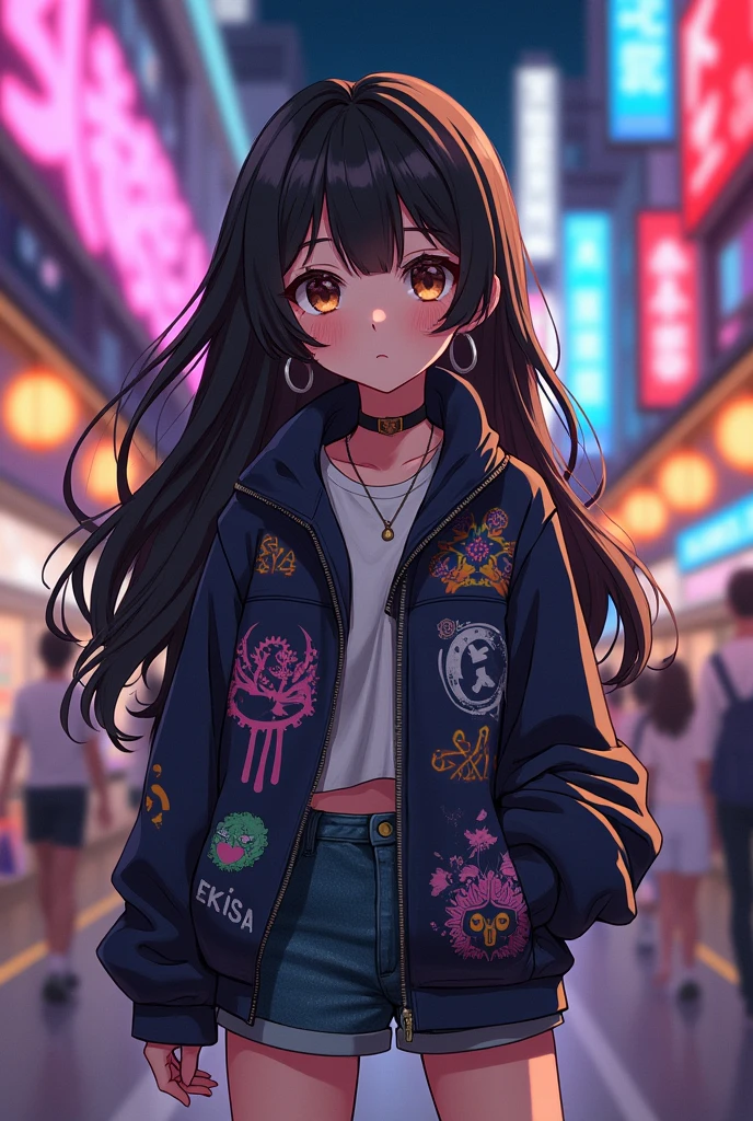 Girl, of short stature, hair a little long and wavy, and it is black, your eyes are brown, wear K-pop style clothes. anime style.