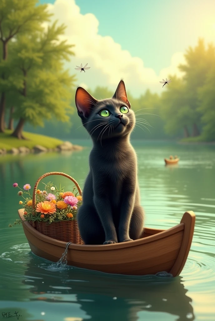 A black cat on two paws in a boat 