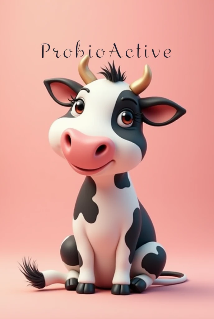 Black and white tender cow sitting animated, not in 3D, with long eyelashes and a milk bottle with a pink background. Below with the word ProbioActive in italics.