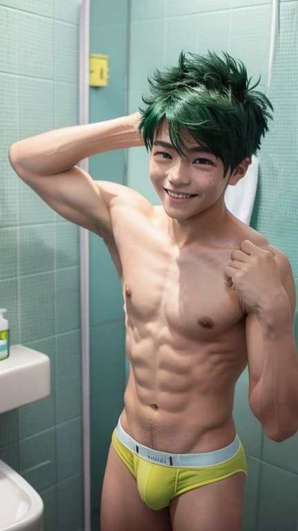 Japanese men、、Well-developed muscles and smooth skin、Fluffy, voluminous, bright green hair、Thin yellow boxer briefs、You can see the whole body from head to toe.、Smiling softly and friendly、Hero Academy、Manly posing in the bathroom