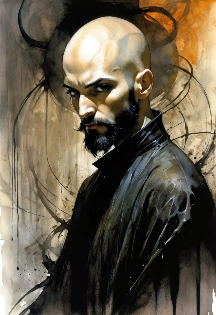 young man, very thin, bald, with black beard, magician, wrapped in dark energies, black and white image, between shadows, oil painting, chiaroscuro, dramatic lighting, moody atmosphere, photorealistic, intricate details, masterpiece, ultra-detailed, high quality, 8k, best quality, realistic, cinematic, dark and brooding, expressionistic, powerful composition, emotional impact, art inspired by Bill Sienkiewicz and Dave McKean

