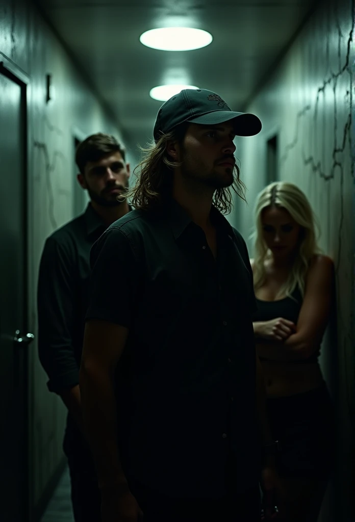 Back view of a man with long hair, a man with a backwards baseball cap, and a blonde woman in a hallway, nightmare